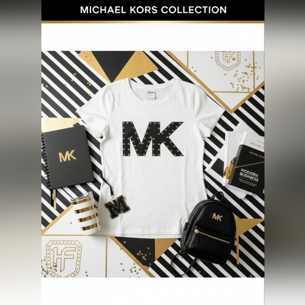 Michael Kors White Logo Tee Gold Studded MK
